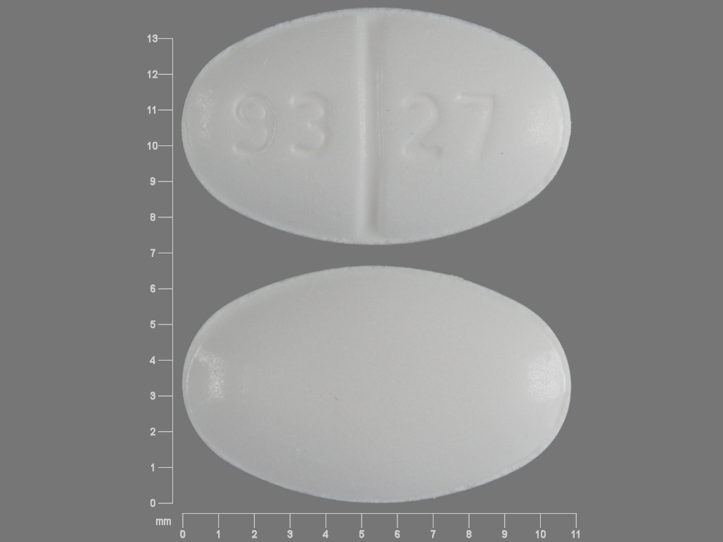 Pill with imprint 93 27, white, oval, 11 mm (Enalapril Maleate 5 mg)