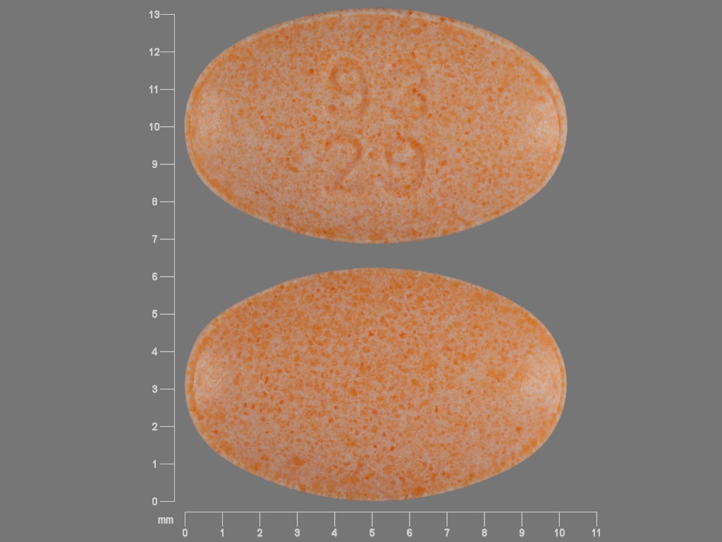 Pill with imprint 93 29, orange, oval, 10 mm (Enalapril Maleate 20 mg)