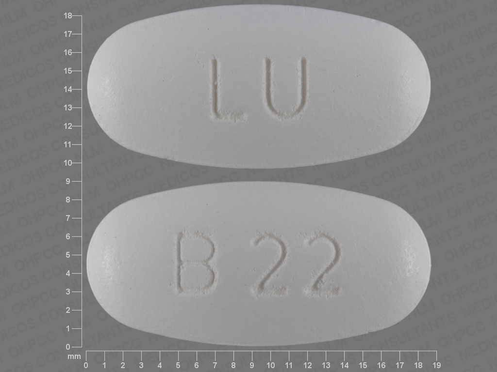 Pill with imprint LU B22, white, oval, 18 mm (Fenofibrate 145 mg)