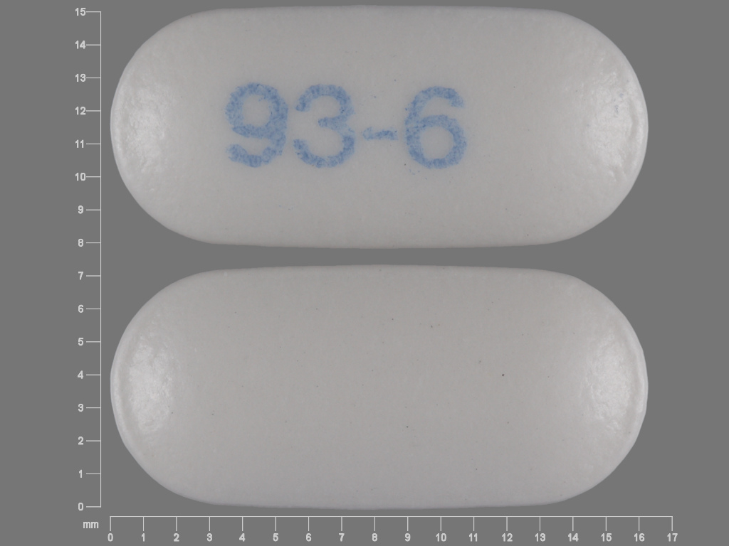 Pill with imprint 93 6, white, oval, 16 mm (Naproxen 500 mg)