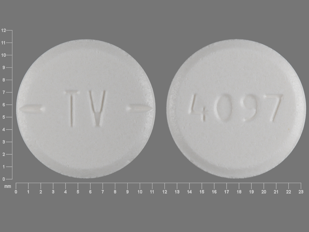 Pill with imprint 4097 TV, white, round, 11 mm (Baclofen 20 mg)