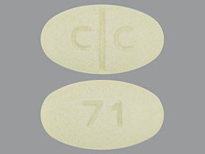 Pill with imprint C C 71, yellow, oval, 17 mm (Clozapine 200 mg)