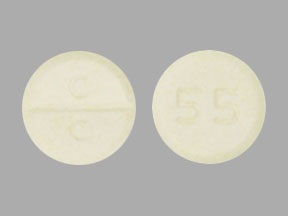 Pill with imprint C C 55, yellow, round, 8 mm (Clozapine 50 mg)