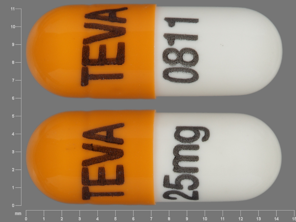 Pill with imprint TEVA TEVA 25mg 0811, orange & white, capsule, 14 mm (Nortriptyline Hydrochloride 25 mg)