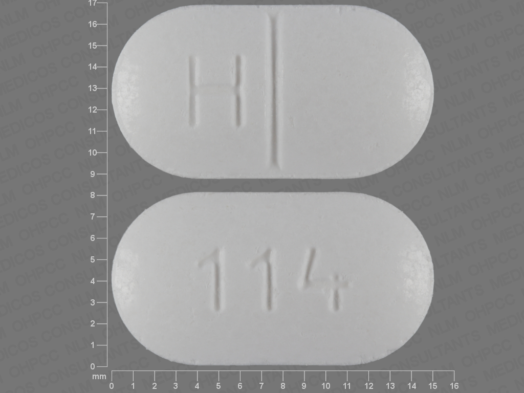 Pill with imprint 114 H, white, oval, 15 mm (Methocarbamol 500 mg)