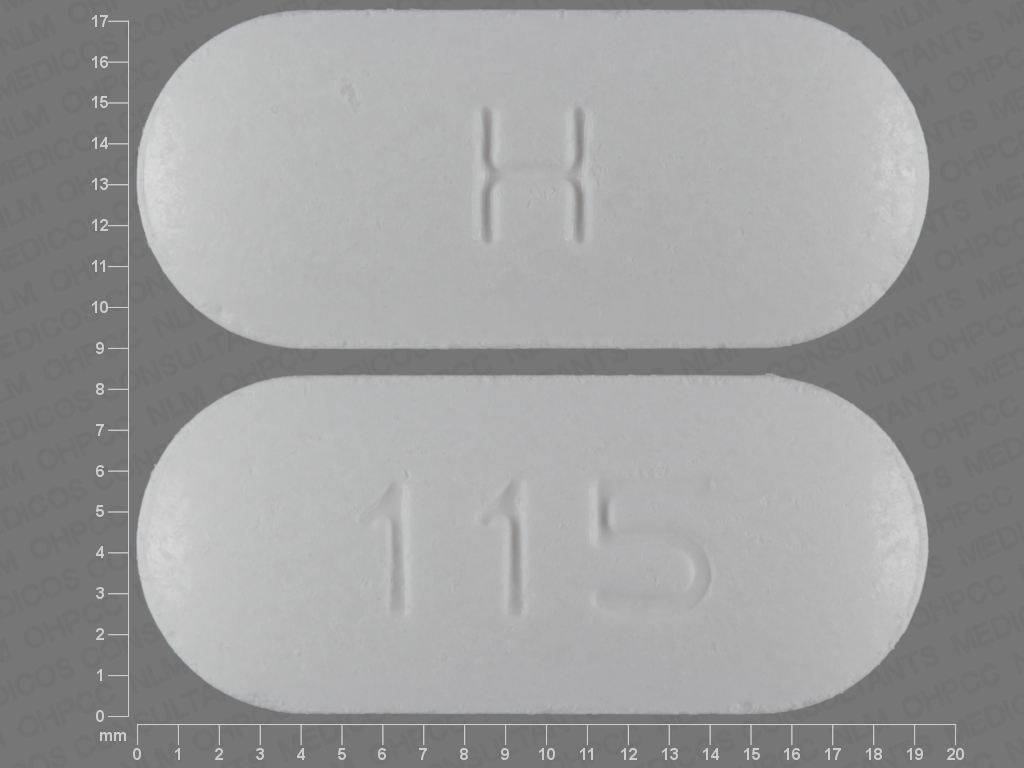 Pill with imprint 115 H, white, oval, 19 mm (Methocarbamol 750 mg)