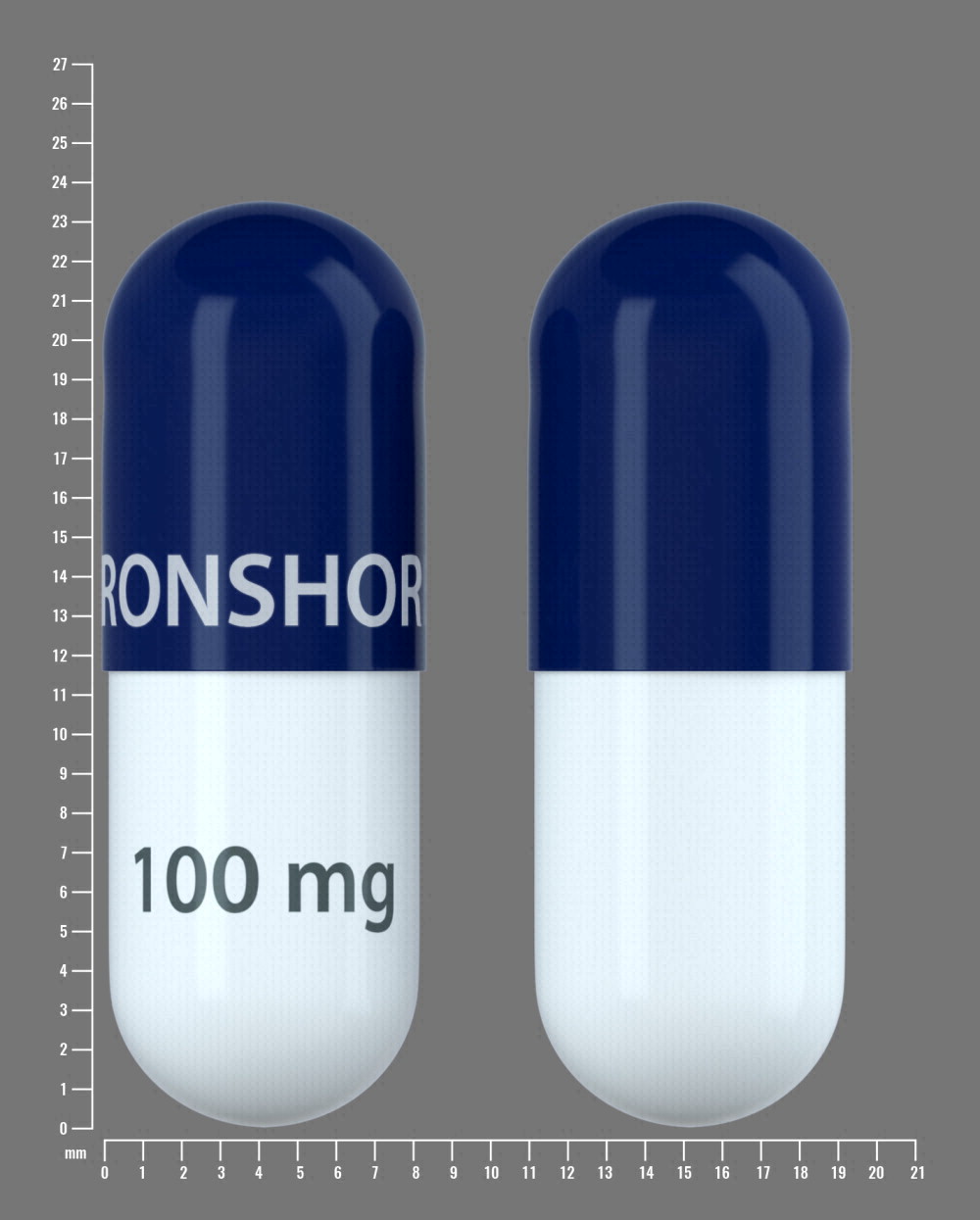 Pill with imprint IRONSHORE 100mg, blue & white, capsule, 23 mm (Methylphenidate Hydrochloride 100 mg)