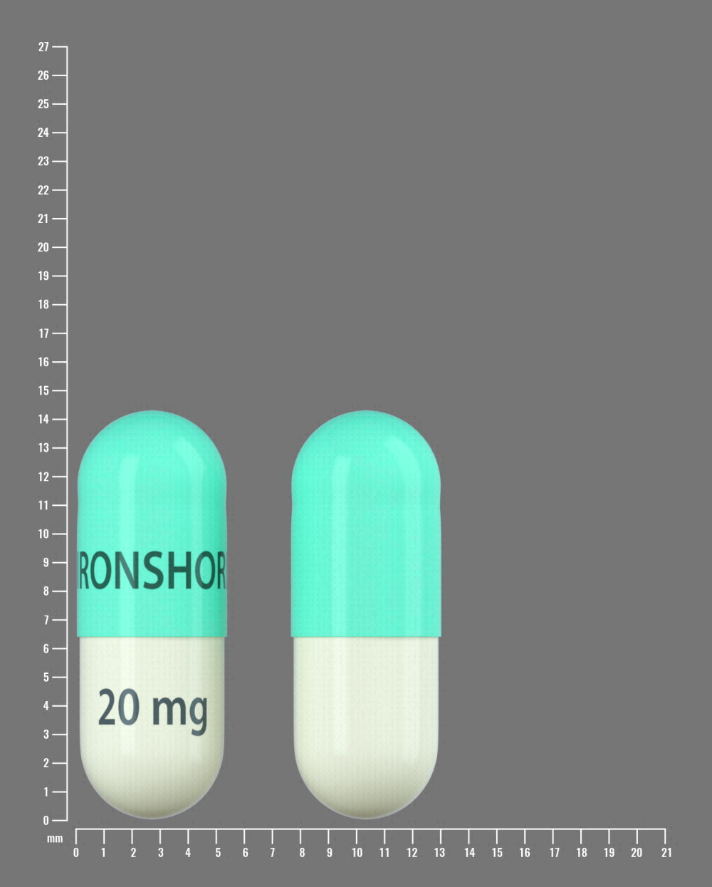 Pill with imprint IRONSHORE 20mg, green & yellow, capsule, 14 mm (Methylphenidate Hydrochloride 20 mg)