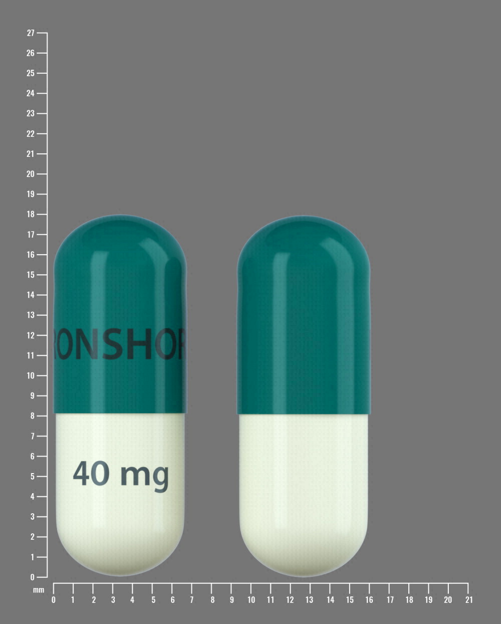 Pill with imprint IRONSHORE 40mg, green & yellow, capsule, 18 mm (Methylphenidate Hydrochloride 40 mg)