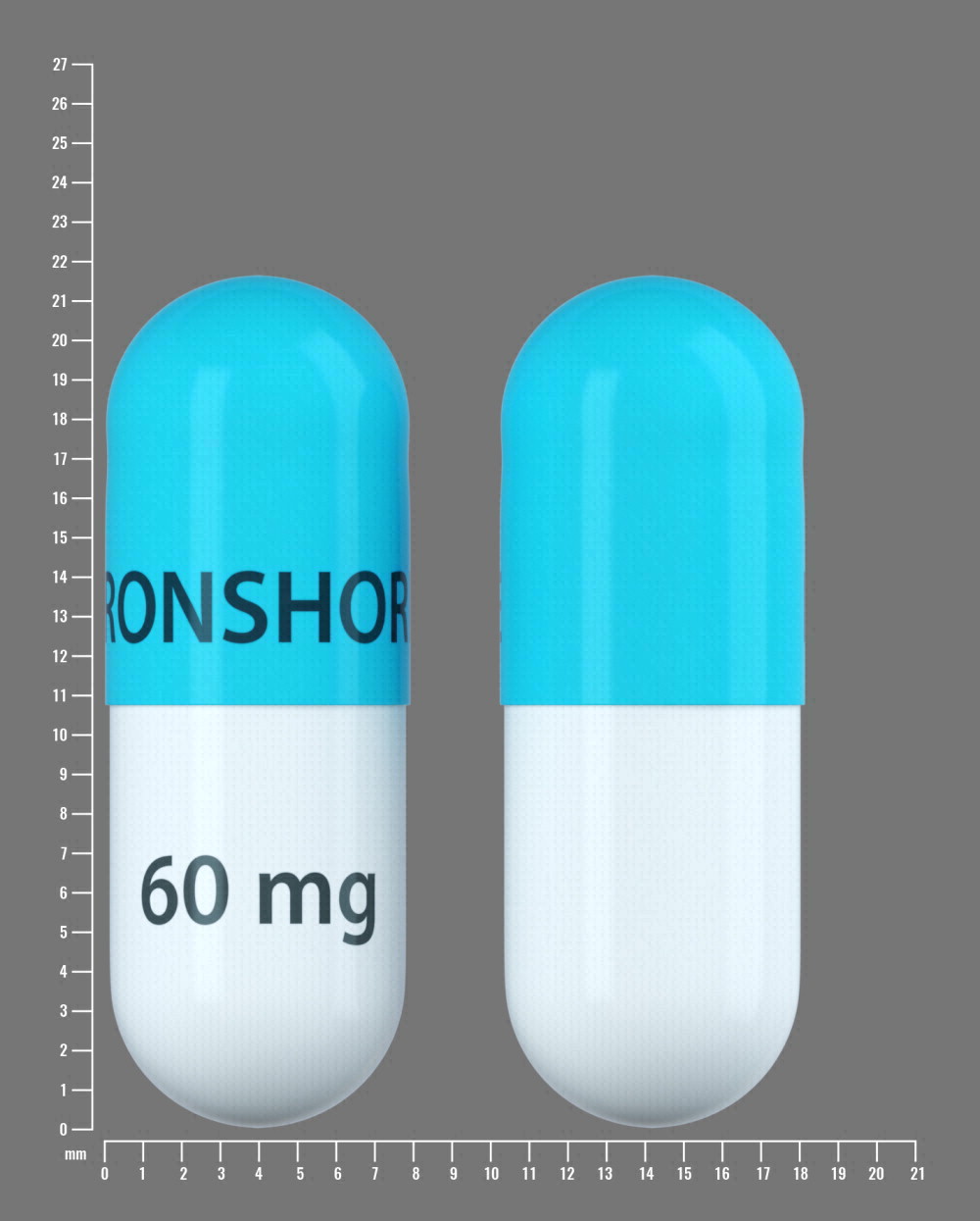 Pill with imprint IRONSHORE 60mg, turquoise & white, capsule, 22 mm (Methylphenidate Hydrochloride 60 mg)