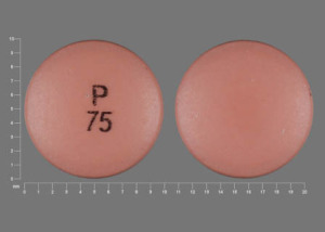 Pill with imprint P 75, brown, round, 10 mm (Diclofenac Sodium 75 mg)