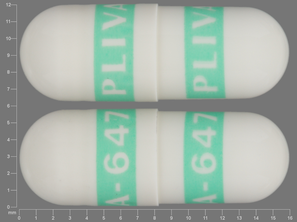 Pill with imprint PLIVA 647 PLIVA 647, white, capsule, 16 mm (Fluoxetine 10 mg)