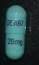 Pill with imprint OEA97 20mg, blue, capsule, 14 mm (Esomeprazole Magnesium 20 mg)