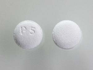 Pill with imprint P 5, white, round, 6 mm (Escitalopram 5 mg)