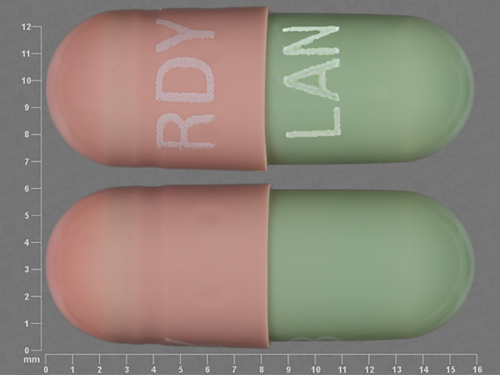 Pill with imprint RDY LAN, green & pink, capsule, 16 mm (Lansoprazole 15 mg)