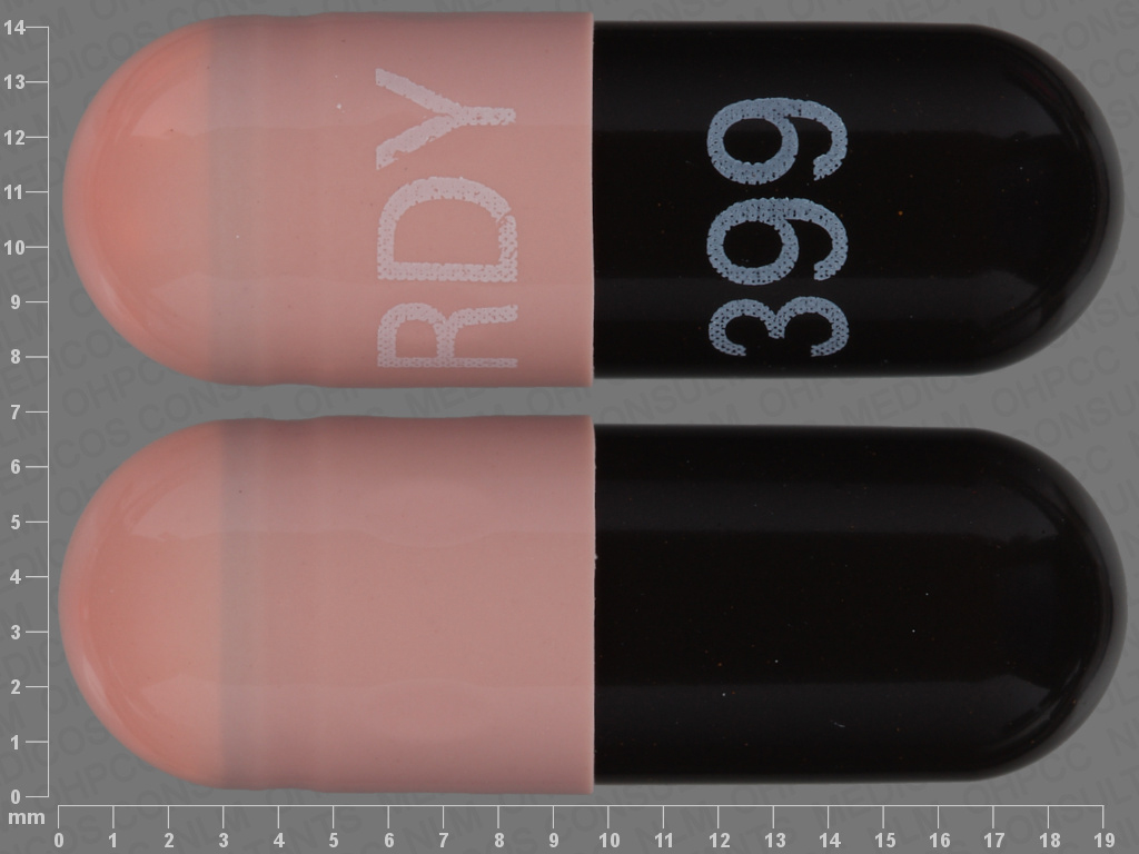 Pill with imprint RDY 399, black & pink, capsule, 19 mm (Lansoprazole 30 mg)