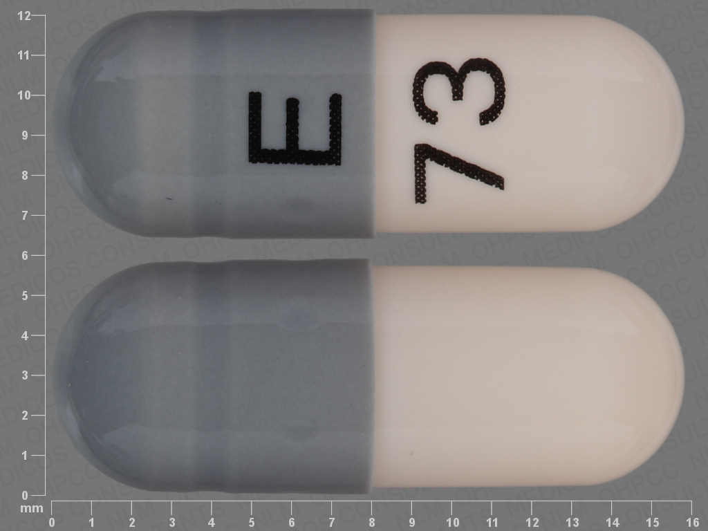 Pill with imprint E 73, gray & orange, capsule, 16 mm (Venlafaxine Hydrochloride 37.5 mg)