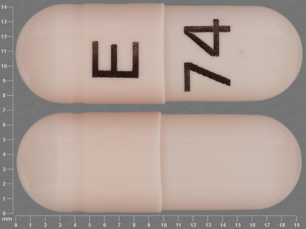 Pill with imprint E 74, orange, capsule, 19 mm (Venlafaxine Hydrochloride 75 mg)