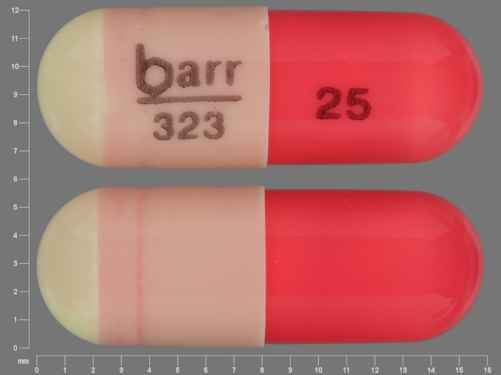 Pill with imprint barr 323 25, pink & yellow, capsule, 16 mm (Hydroxyzine Pamoate 25 mg)