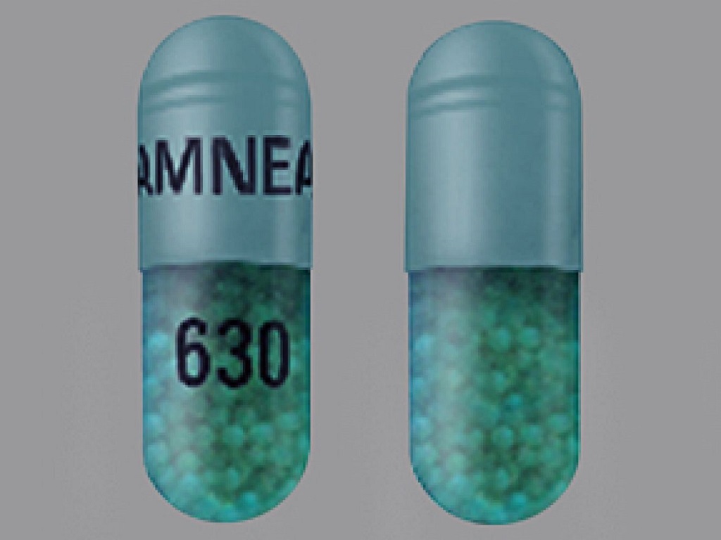Pill with imprint AMNEAL 630, blue, capsule, 22 mm (Itraconazole 100 mg)
