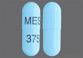 Pill with imprint MES 375, blue, capsule, 24 mm (Mesalamine 0.375 g)