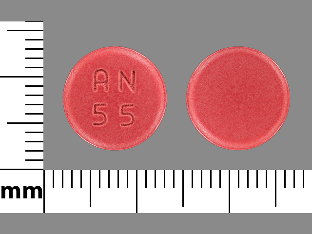 Pill with imprint AN 55, red, round, 20 mm (Demeclocycline 300 mg)