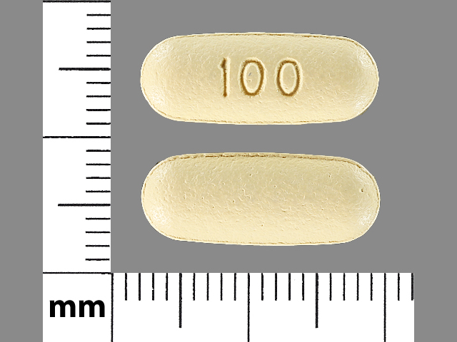 Pill with imprint 100, yellow, oval, 17 mm (Posaconazole 100 mg)
