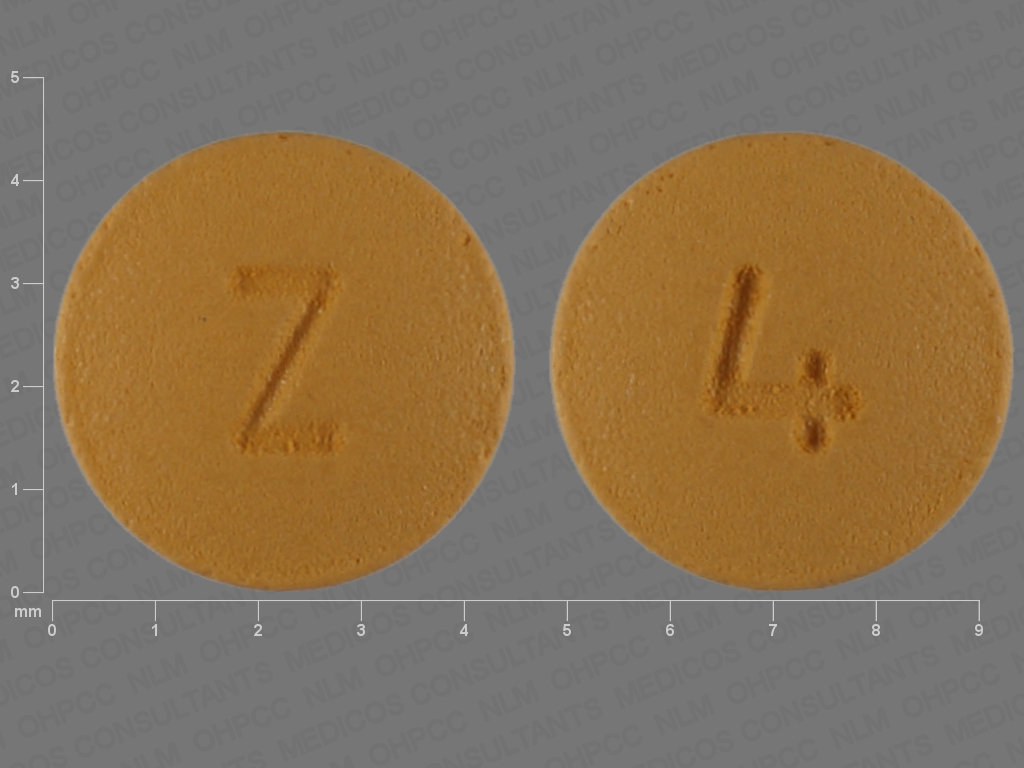 Pill with imprint Z 4, yellow, round, 5 mm (Risperidone 0.25 mg)