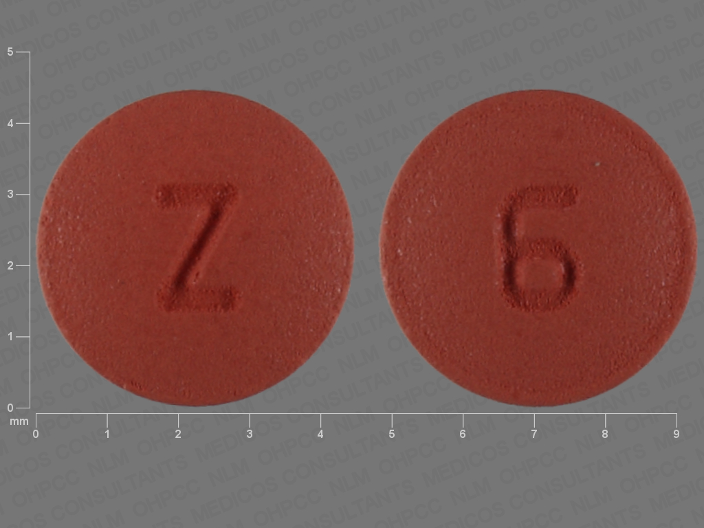 Pill with imprint Z 6, red, round, 5 mm (Risperidone 0.5 mg)