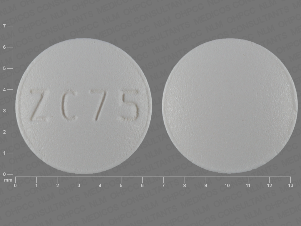 Pill with imprint ZC 75, white, round, 6 mm (Risperidone 1 mg)