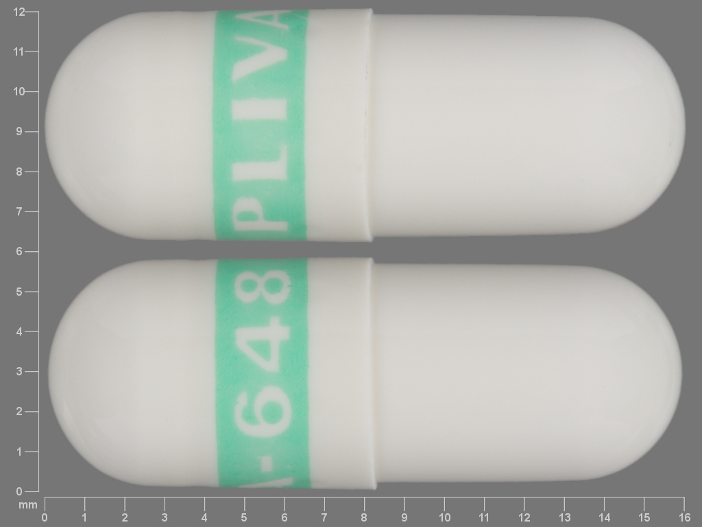 Pill with imprint PLIVA 648, white, capsule, 16 mm (Fluoxetine 20 mg)