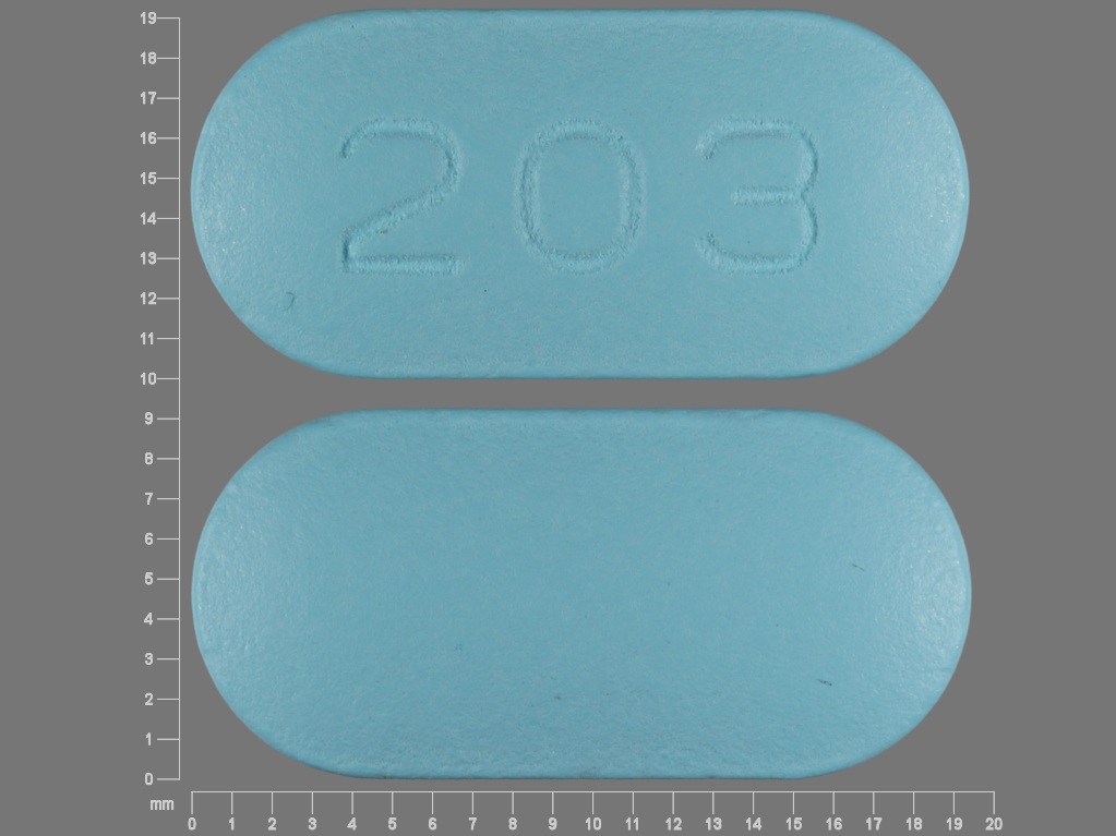 Pill with imprint 203, blue, capsule, 19 mm (Cefuroxime Axetil 500 mg)