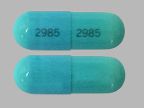 Pill with imprint 2985, blue, capsule, 21 mm (Doxycycline Hyclate 100 mg)