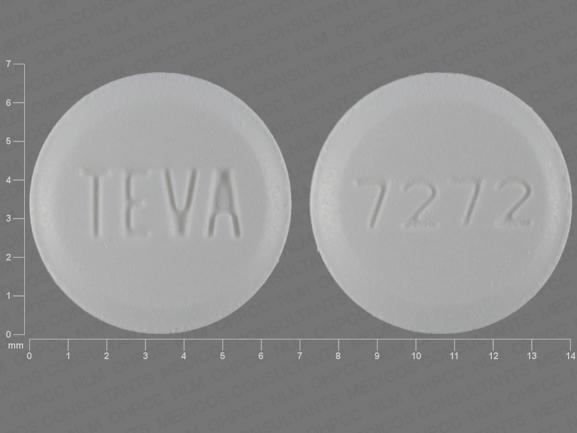 Pill with imprint TEVA 7272, white, round, 7 mm (Pioglitazone 30 mg)