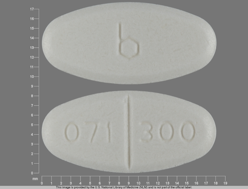 Pill with imprint b 071 300, white, oval, 18 mm (Isoniazid 300 mg)