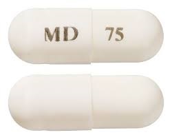 Pill with imprint MD 75, white, capsule, 18 mm (Dabigatran Etexilate 75 mg)