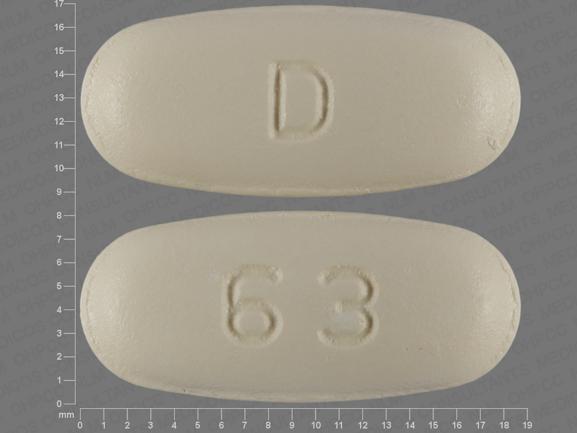 Pill with imprint D 63, yellow, oval, 18 mm (Clarithromycin 500 mg)