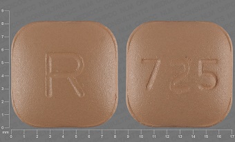 Pill with imprint R 725, brown, square, 4 mm (Montelukast Sodium 10 mg)