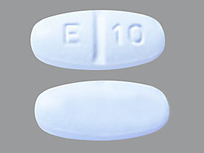 Pill with imprint E 10, blue, oval, 15 mm (Levetiracetam 250 mg)