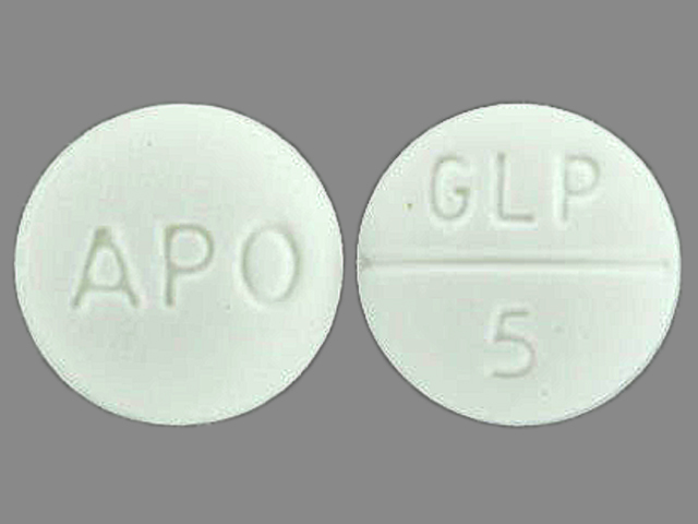 Pill with imprint APO GLP 5, white, round, 6 mm (Glipizide 5 mg)
