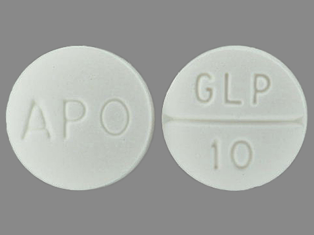 Pill with imprint APO GLP 10, white, round, 8 mm (Glipizide 10 mg)