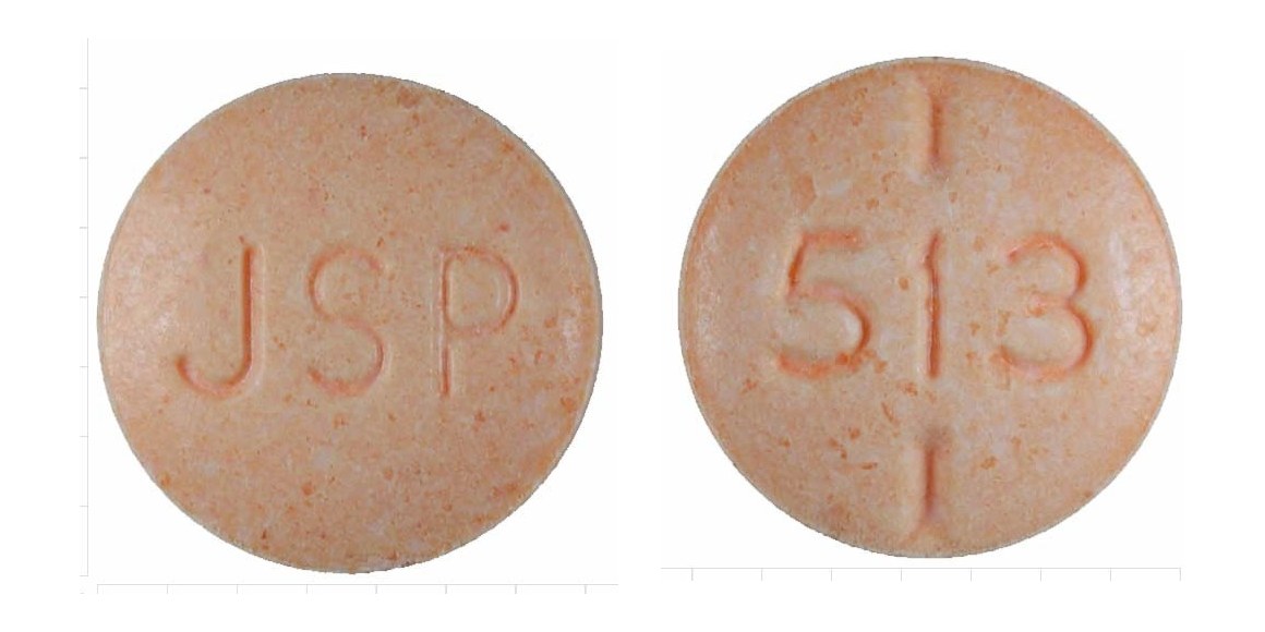 Pill with imprint JSP 513, orange, round, 7 mm (Levothyroxine Sodium 0.025 mg)
