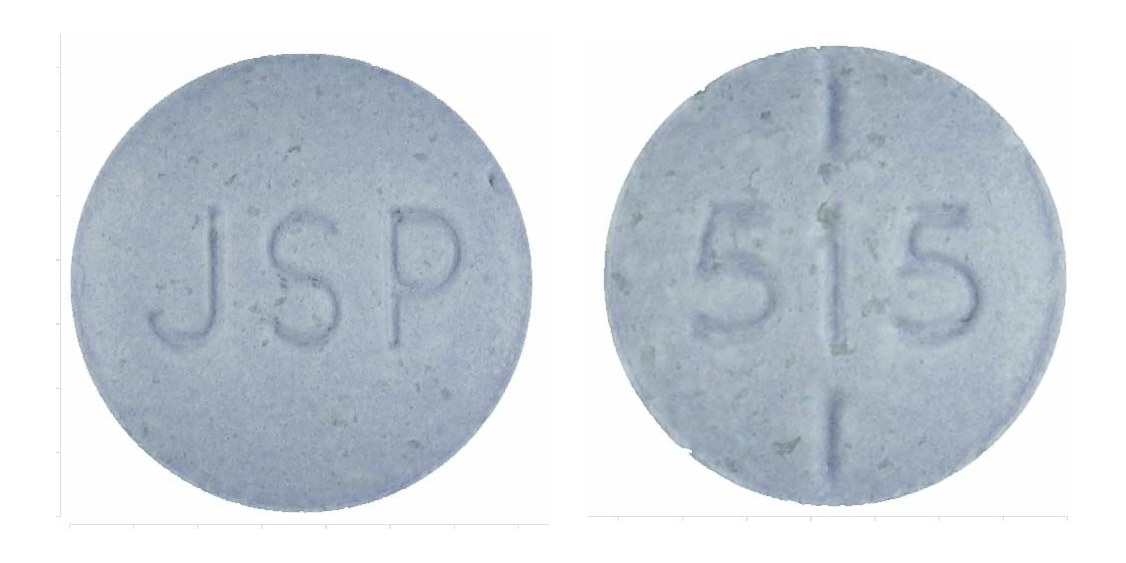 Pill with imprint JSP 515, purple, round, 7 mm (Levothyroxine Sodium 0.075 mg)