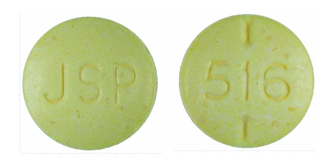 Pill with imprint JSP 516, yellow, round, 7 mm (Levothyroxine Sodium 0.1 mg)