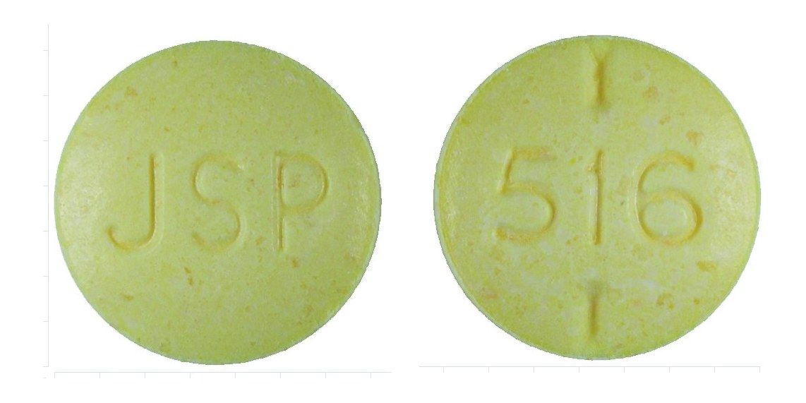 Pill with imprint JSP 516, yellow, round, 7 mm (Levothyroxine Sodium 100 mcg)