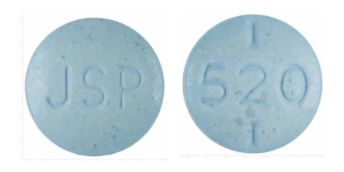 Pill with imprint JSP 520, blue, round, 7 mm (Levothyroxine Sodium 0.15 mg)