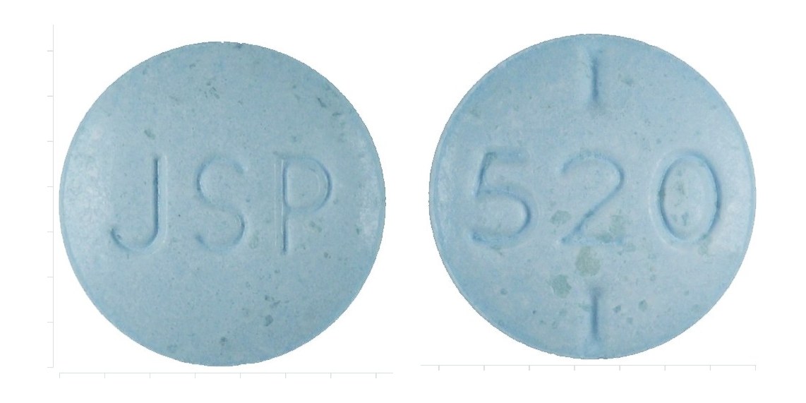 Pill with imprint JSP 520, blue, round, 7 mm (Levothyroxine Sodium 150 mcg)