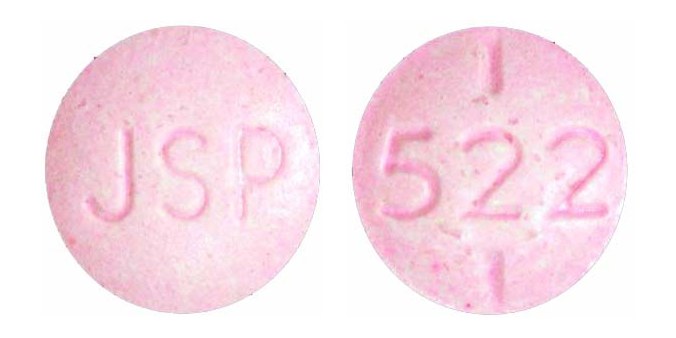 Pill with imprint JSP 522, pink, round, 7 mm (Levothyroxine Sodium 0.2 mg)