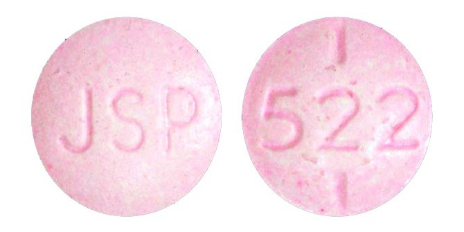 Pill with imprint JSP 522, pink, round, 7 mm (Levothyroxine Sodium 200 mcg)