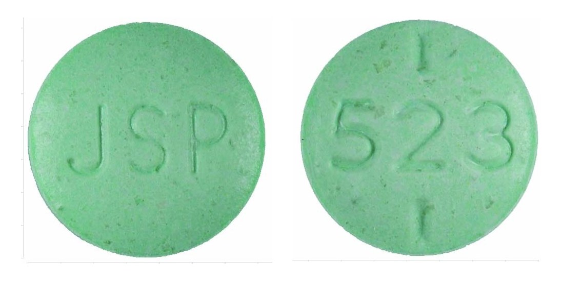 Pill with imprint JSP 523, green, round, 7 mm (Levothyroxine Sodium 0.3 mg)